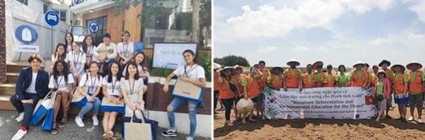 ▲ (좌) 지난해 6월, 美 라이스 대학교 한국학 전공 학생들이 SK이노베이션이 육성 지원하는 사회적기업 ‘모어댄’을 방문했다. / (우) 지난해 4월 진행된 베트남 맹그로브 묘목 식수 봉사활동