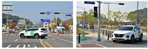 자율주행차가 비보호 유턴(U-turn)하는 모습(왼쪽) 및 교차로 우회전 시 보행신호 대기중인 모습(오른쪽)  (사진제공=도로교통공단)