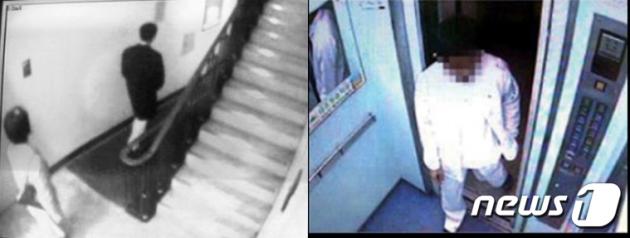 2006년 3월 17일 0시59분, 청와대 행정관(왼쪽 사진 앞)이 급히 자신의 아파트를 나서는 모습과 1시간16분 뒤인 2시15분 코트없이 맨발 차림으로 아파트 엘리베이터를 타는 모습이 찍힌 CCTV.  ⓒ 뉴스1 DB